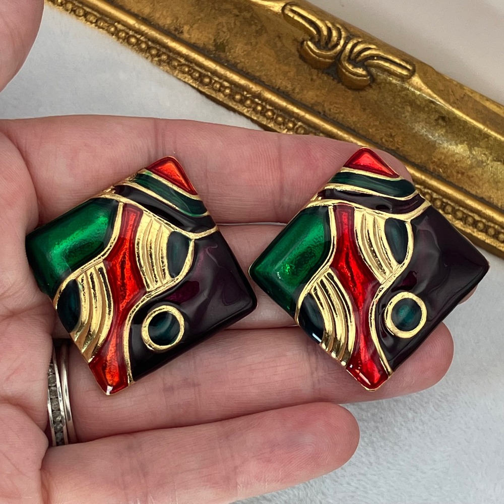 Vtg Gold Tone Pierced Earrings Abstract Multicolor Enamel Bold Funky Eclectic